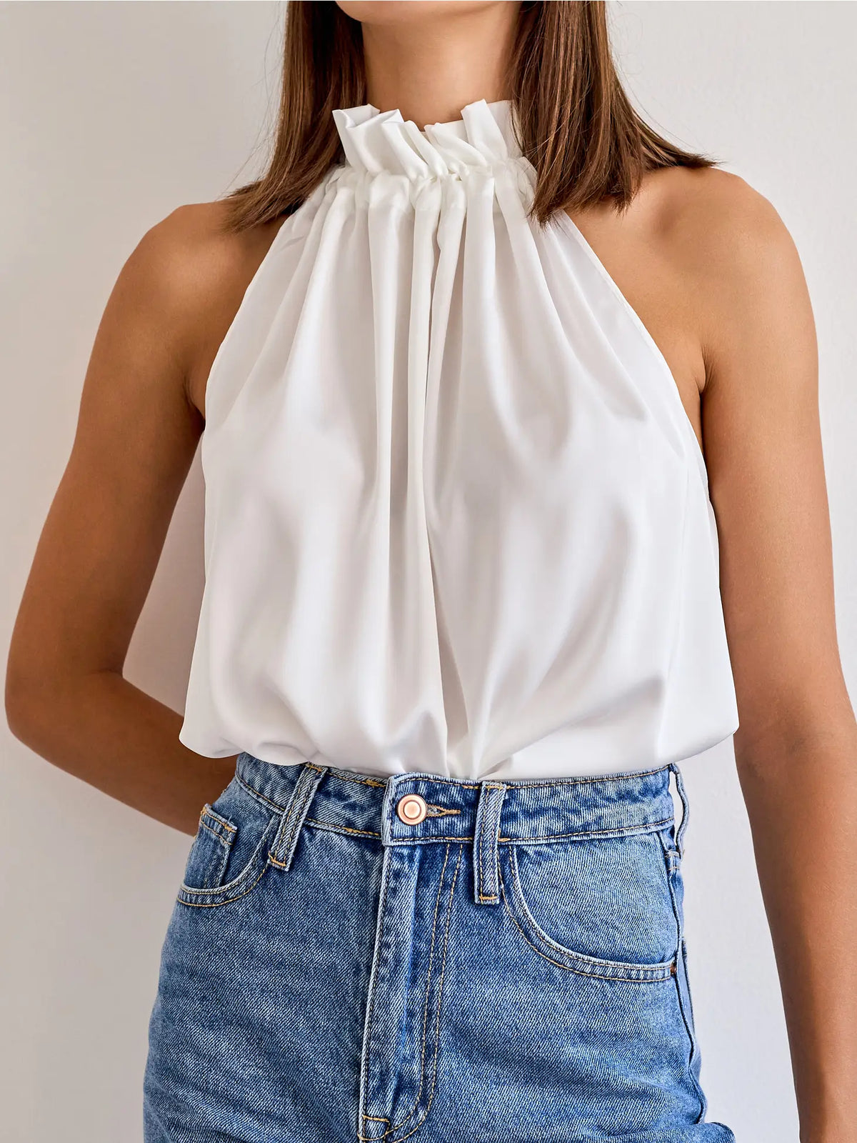 Satin Halter Ruffle Bow Neck Top