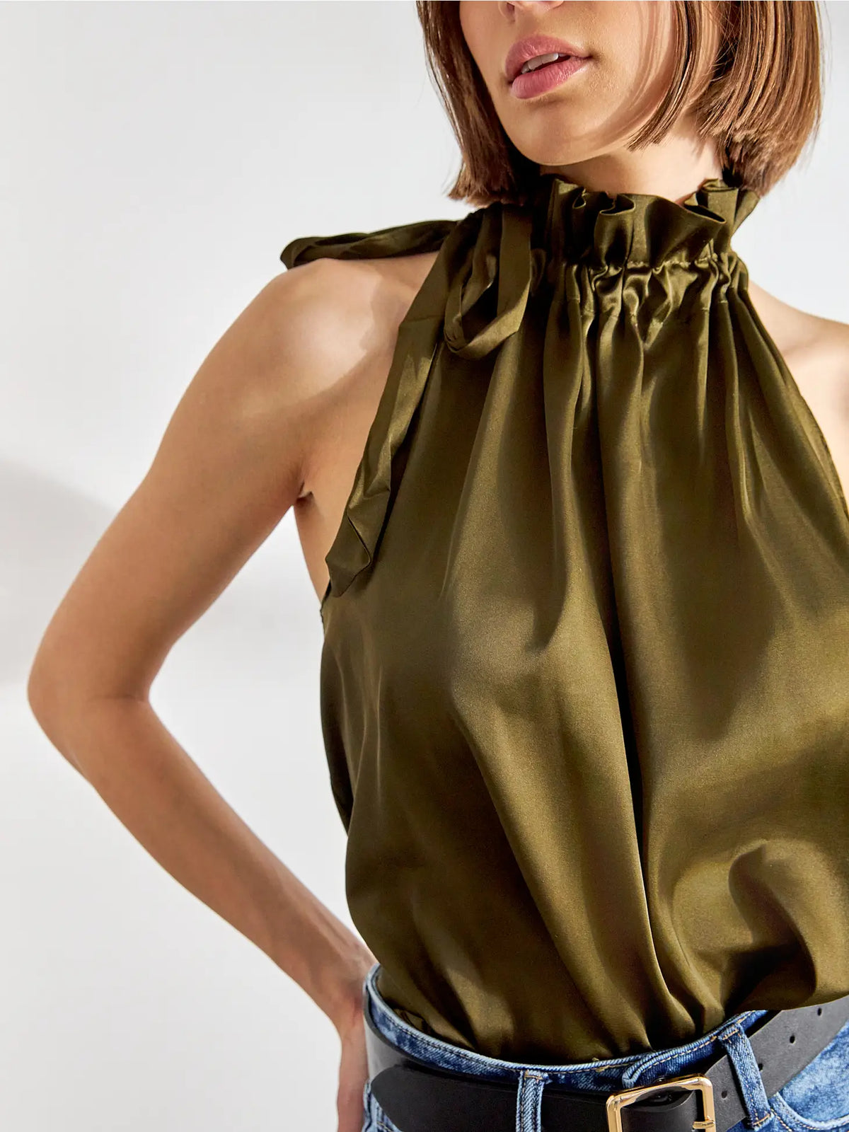 Satin Halter Ruffle Bow Neck Top