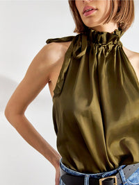 Satin Halter Ruffle Bow Neck Top