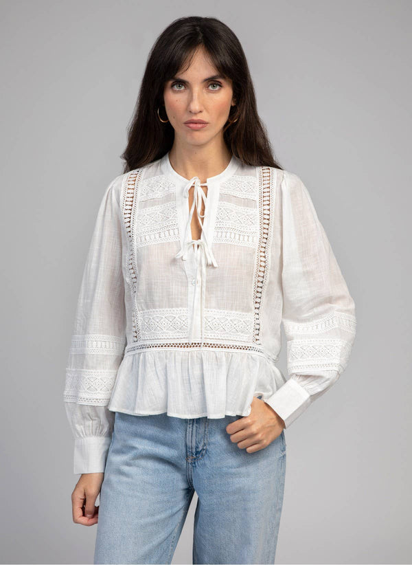 SYNDIOU White Lace Cotton Blouse with Tie Detail in White