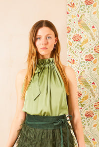 Satin Halter Ruffle Bow Neck Top