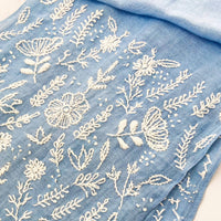 Hand Embroidered 100% Linen Scarf in Denim Blue Floral