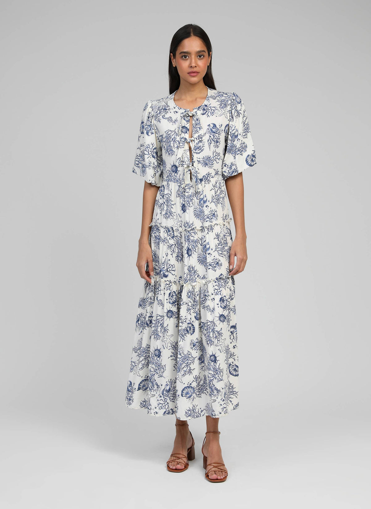OZKAR Indigo Sea Shell Printed Dress in Navy & White with Bow Front Closure