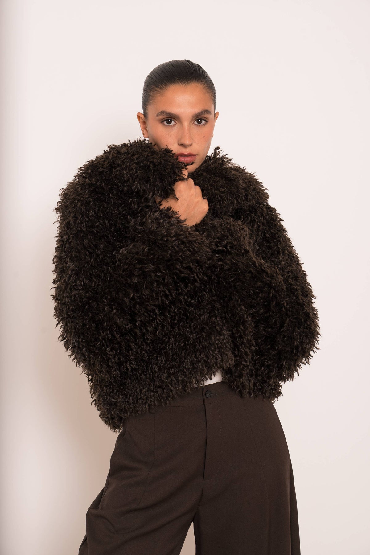 Curly Short Faux Fur Coat | Chocolate Brown