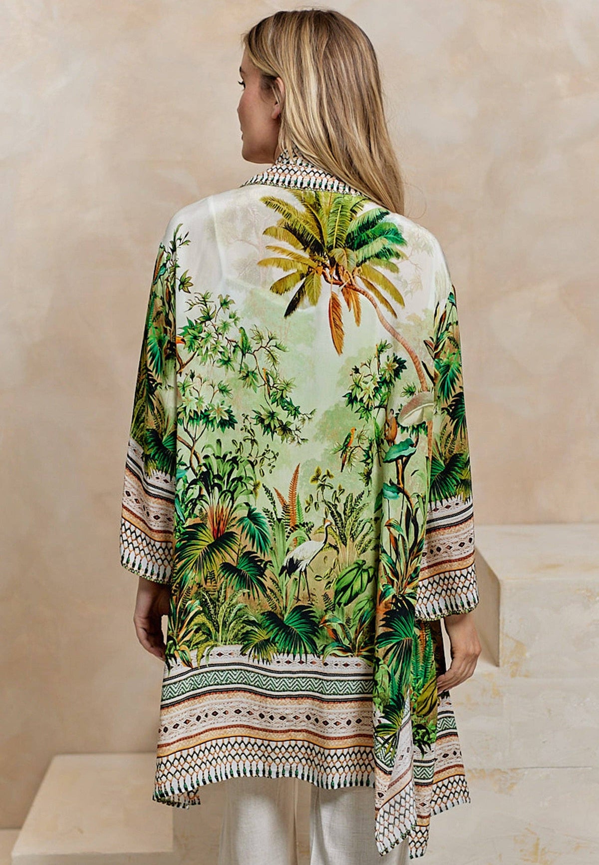 Luxurious Viscose Crepe Bordered Midi Kimono in Premium Tropical Print