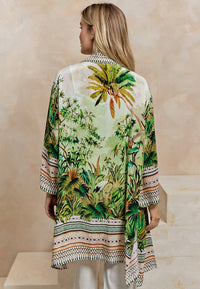 Luxurious Viscose Crepe Bordered Midi Kimono in Premium Tropical Print