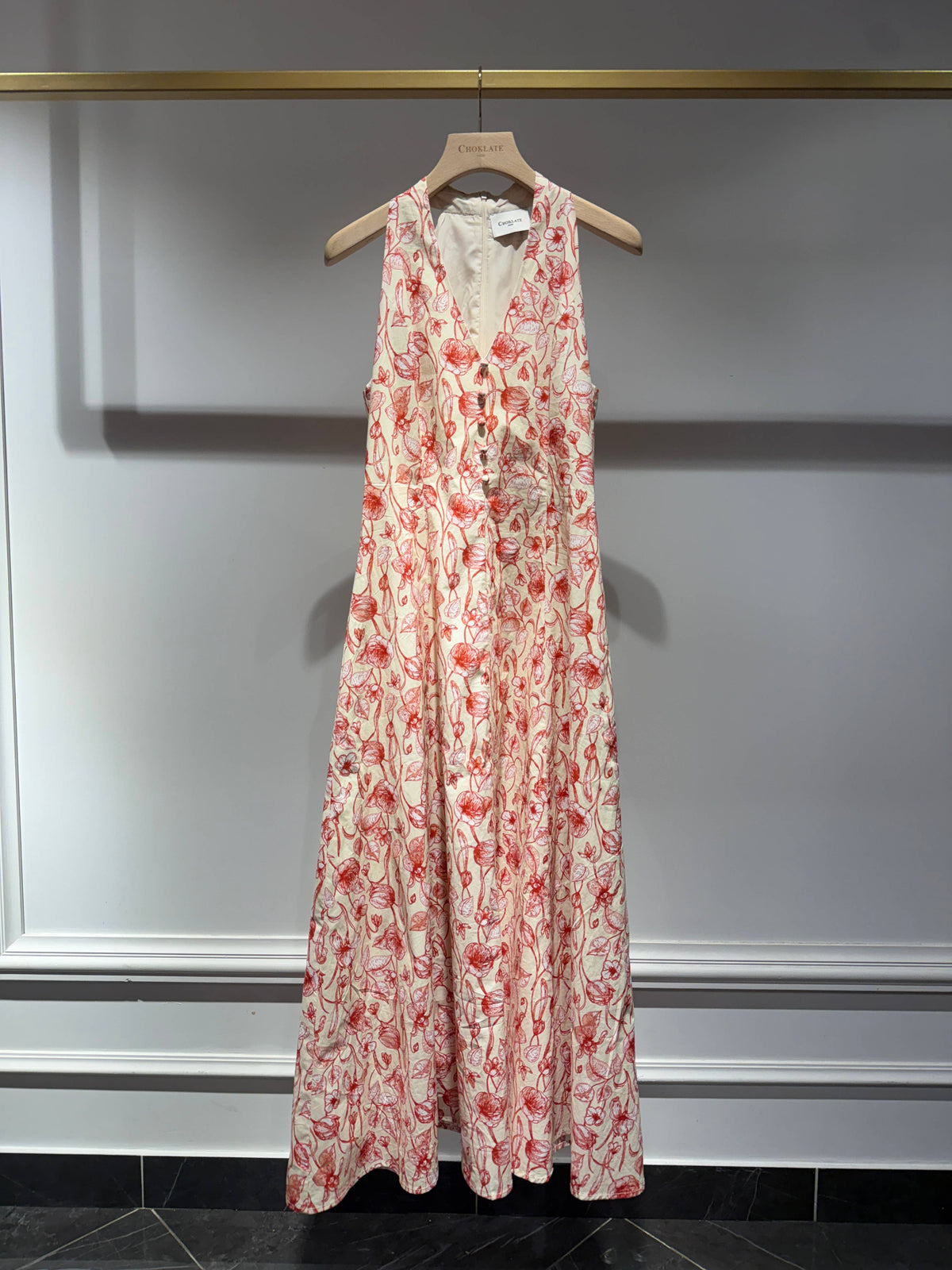Long Printed Halter-Neck Style Cotton Dress