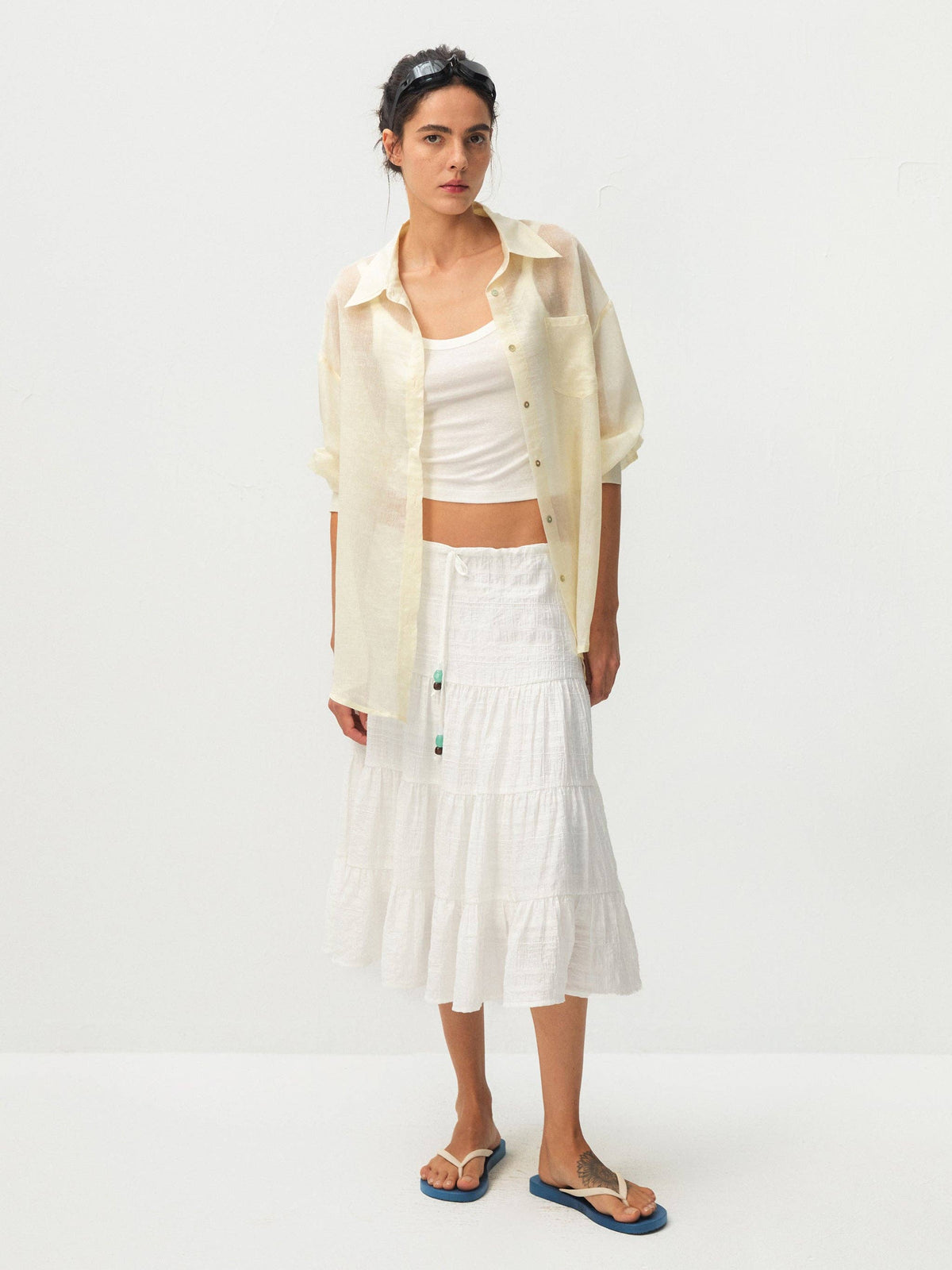 Lyocell Oversized Sheer Button-Down Shirt | Beige