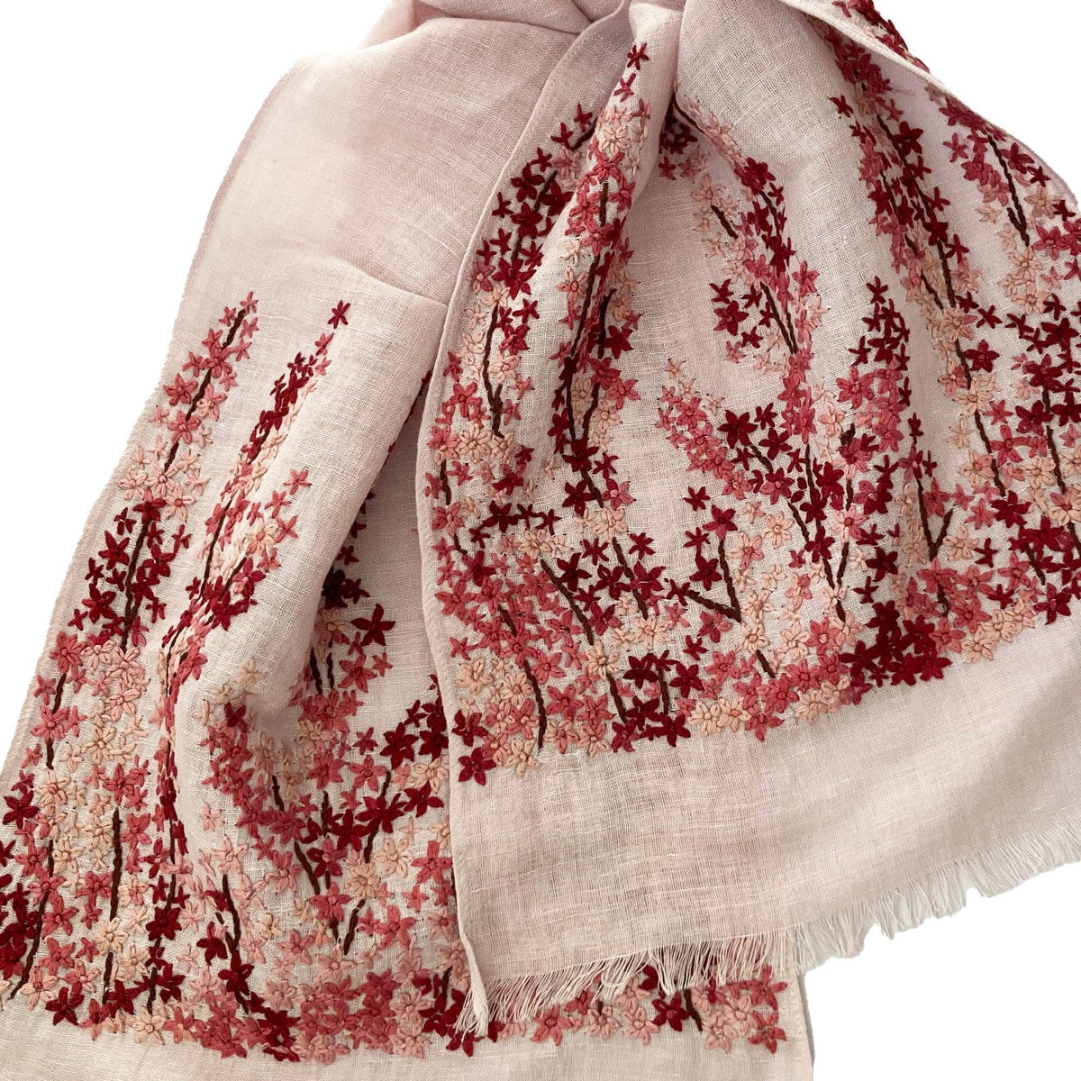 Hand Embroidered 100% Linen Scarf in Light Pink Meadow Floral