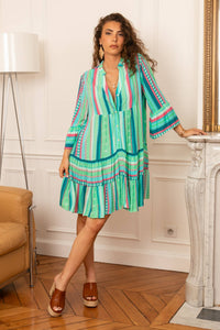 Striped Midi Length Dress with Flowy Sleeves | Greens
