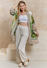 Luxurious Viscose Crepe Bordered Midi Kimono in Premium Tropical Print