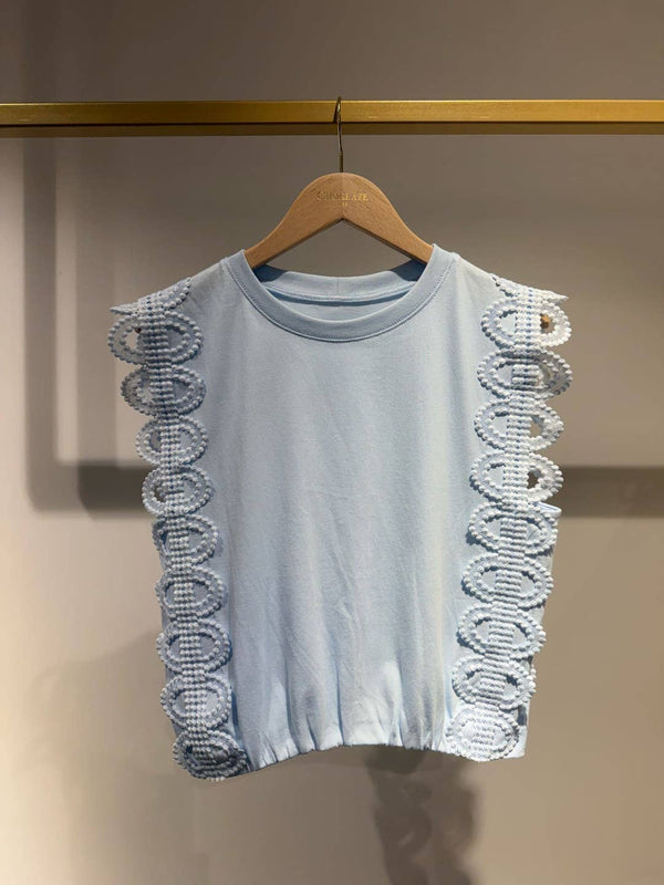 Lace Edge Cotton Crop Top | Light Blue