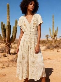 Long Embroidered Dress with V-neck | Natural
