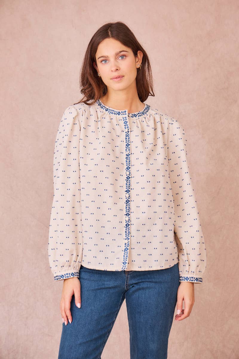 APOLLINE - Elegant Embroidered Cotton-Linen Blouse