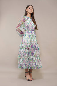 Rebecca Midi Dress in Purple Green Floral