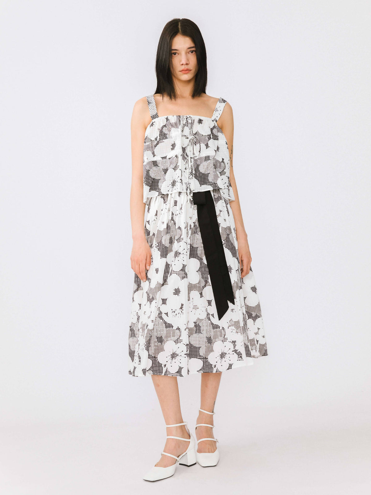 Plaid and Floral A-line Midi Cotton Skirt