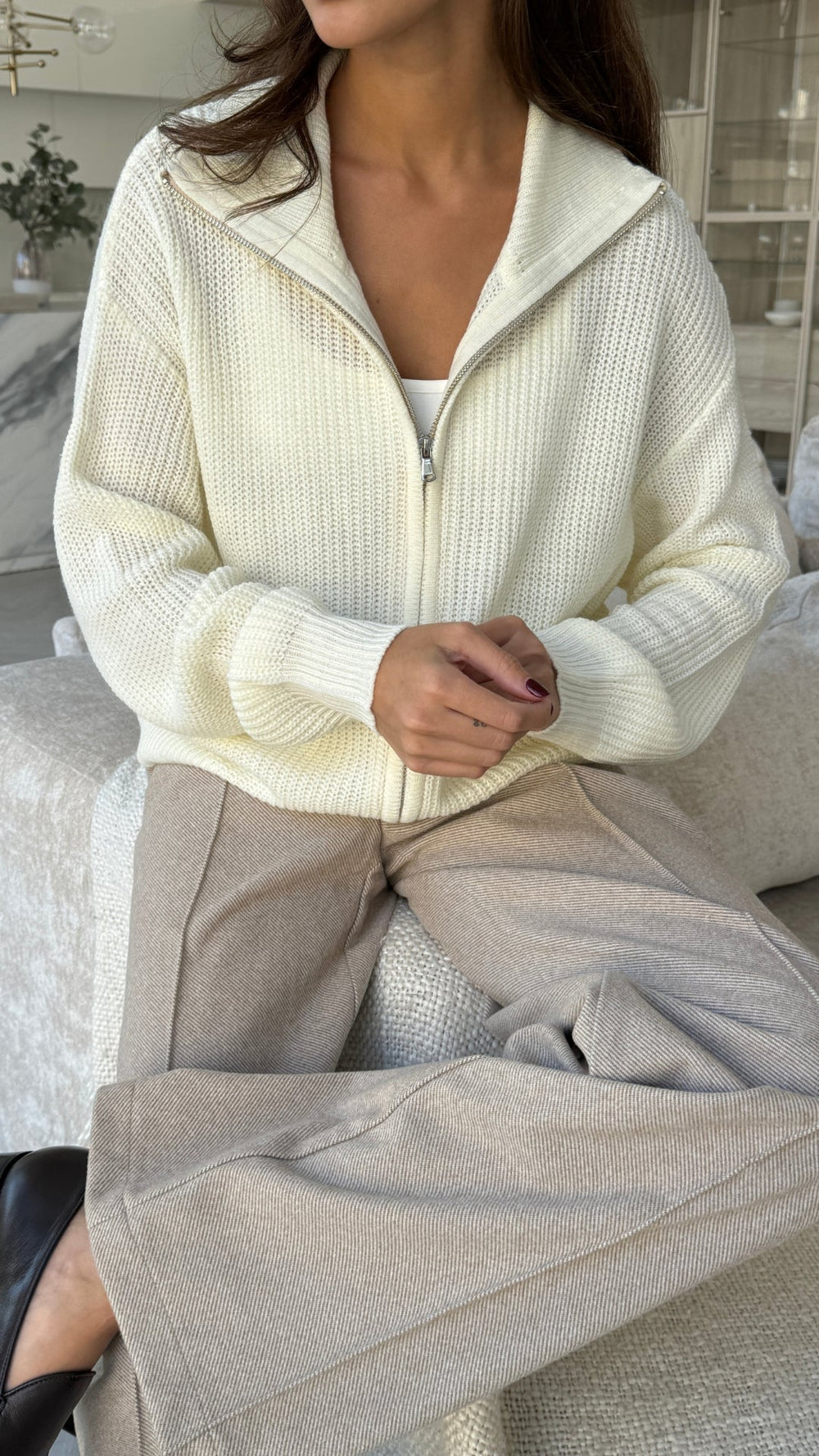 Allia Zip Cardigan in Ivory & Black