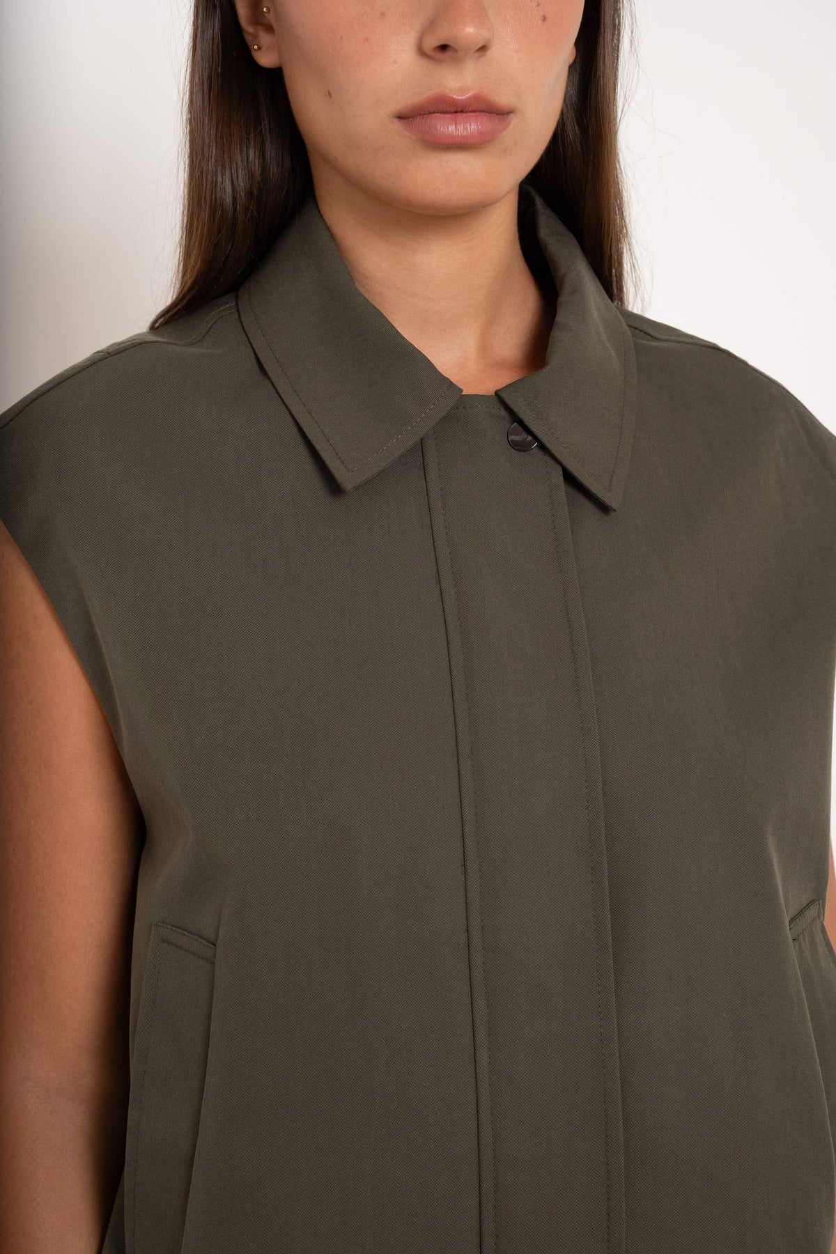 Sleeveless Bomber Jacket with lapel collar | Khaki