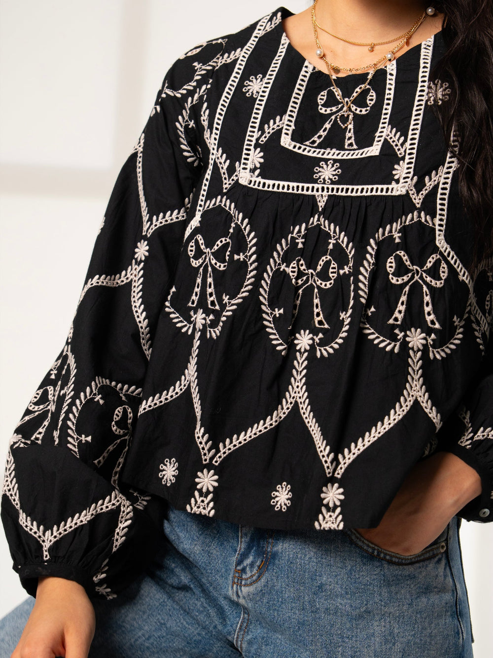 Charlie Black and ivory Bow embroidered Long Sleeve Blouse