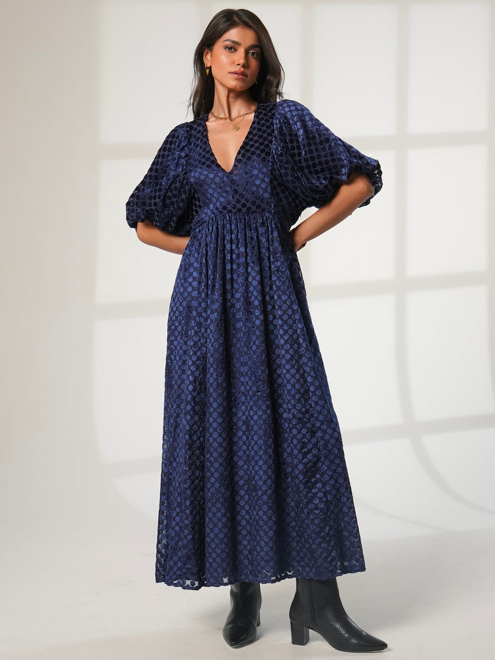 Margot Navy Velvet Polka Dot Maxi Dress