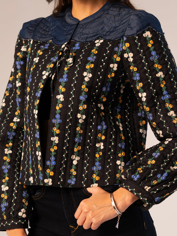 Kiri Black Floral Printed Scalloped Jacket