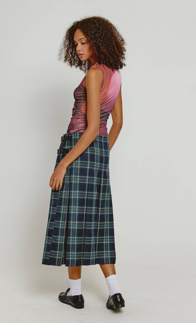 Tartan Buckle Detail Kilt Midi Skirt | Navy