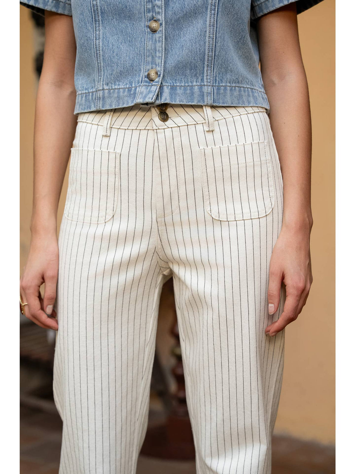 Elena Flared Jeans | Ecru with Dark Pinstripe