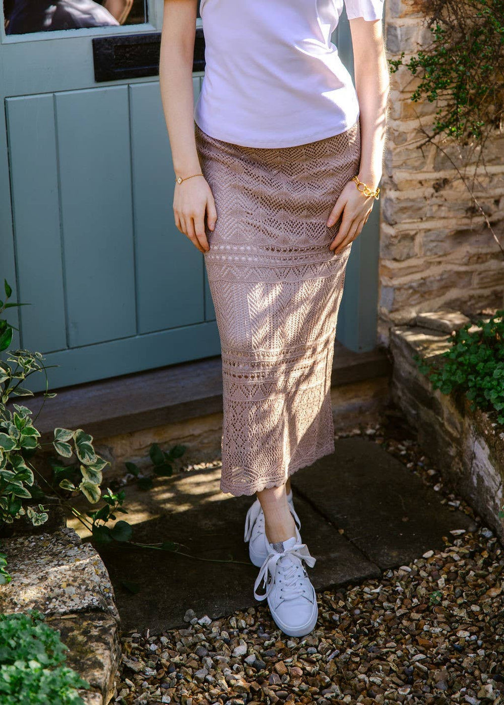 Crochet Knit Maxi Skirt in Taupe