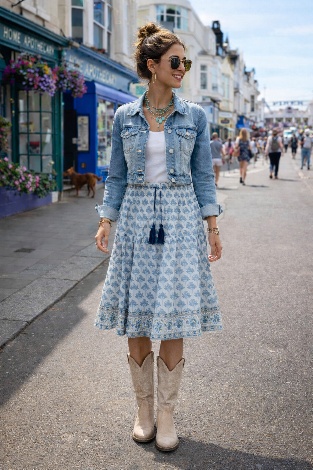 Knee Length Woodblock Print Skirt | Blue