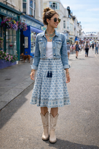 Knee Length Woodblock Print Skirt | Blue