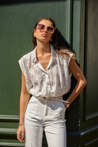 Capped Sleeve Lacey Shirt with Gold | Ecru