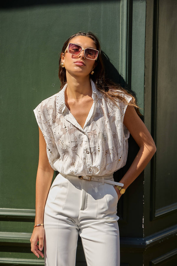 Capped Sleeve Lacey Shirt with Gold | Ecru