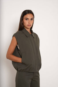 Sleeveless Bomber Jacket with lapel collar | Khaki