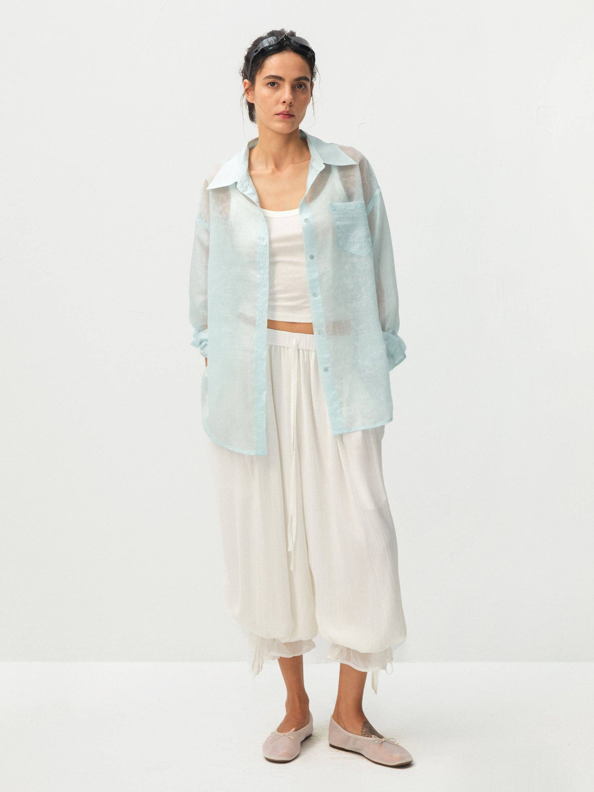 Lyocell Oversized Sheer Button-Down Shirt | Mint Green