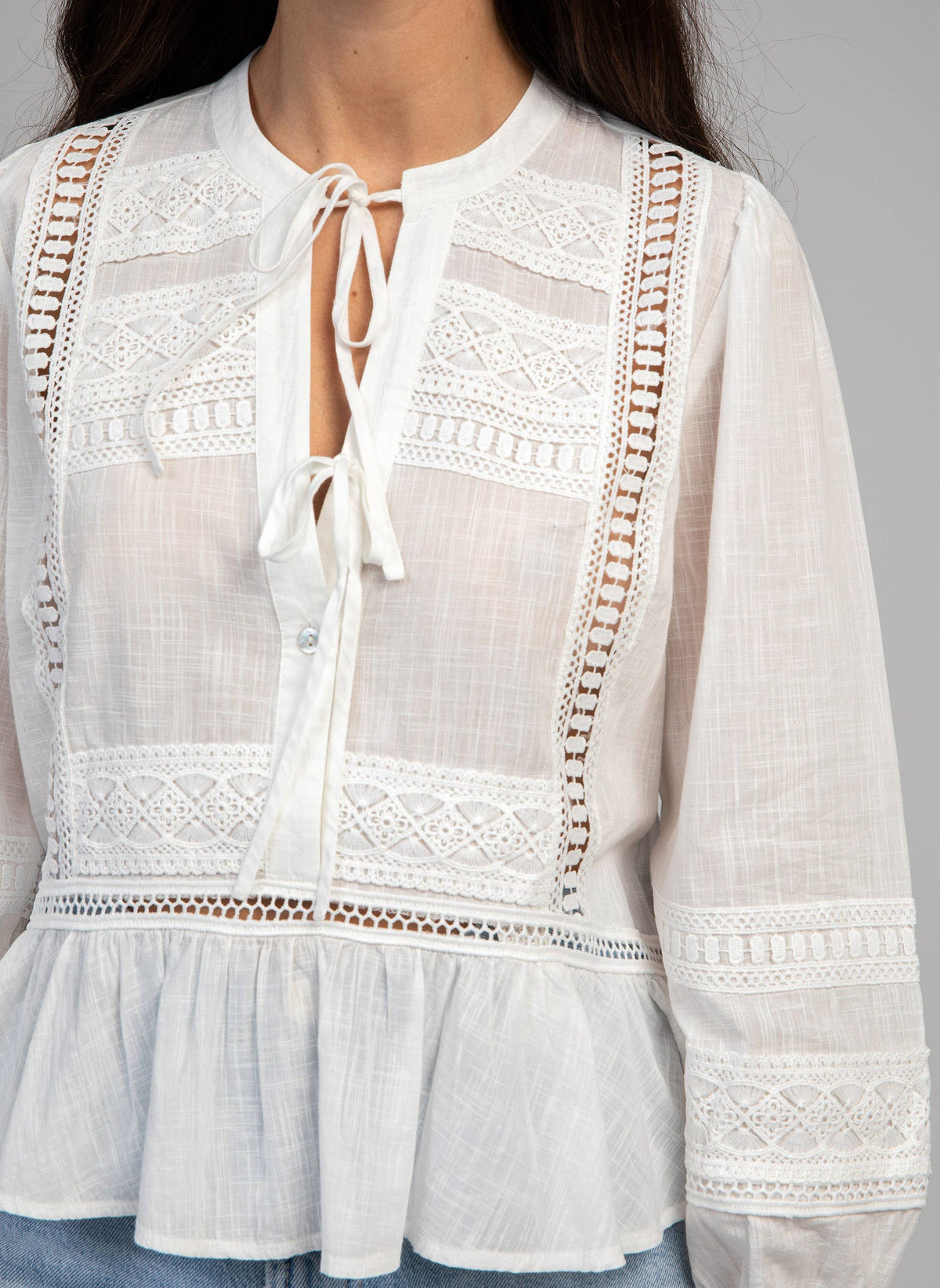 SYNDIOU White Lace Cotton Blouse with Tie Detail in White