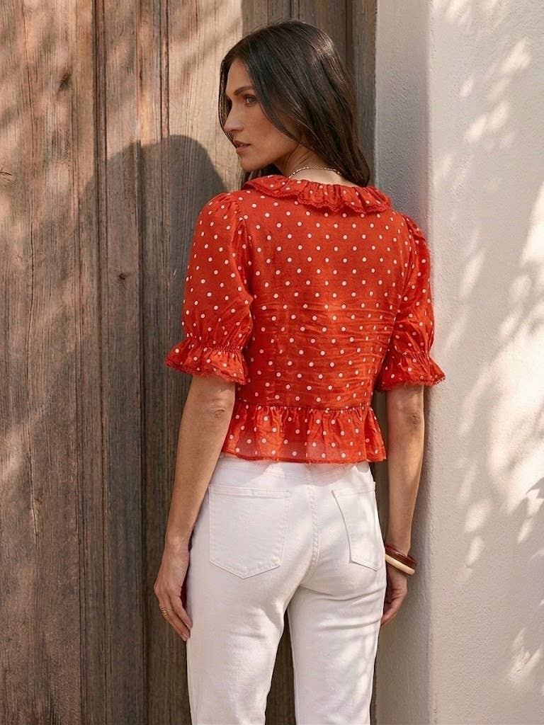 Suzie Cotton Polka-dot Crop Top | Red