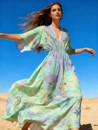 Tie Dye Flowy Embroidered Dress | Pastels