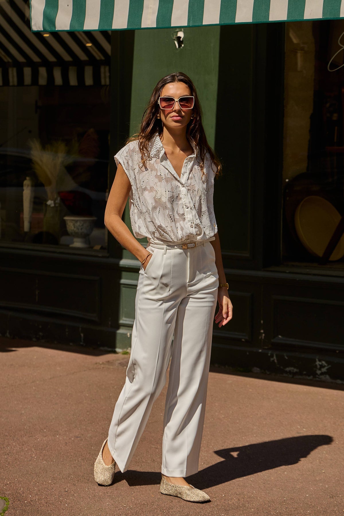 Capped Sleeve Lacey Shirt with Gold | Ecru