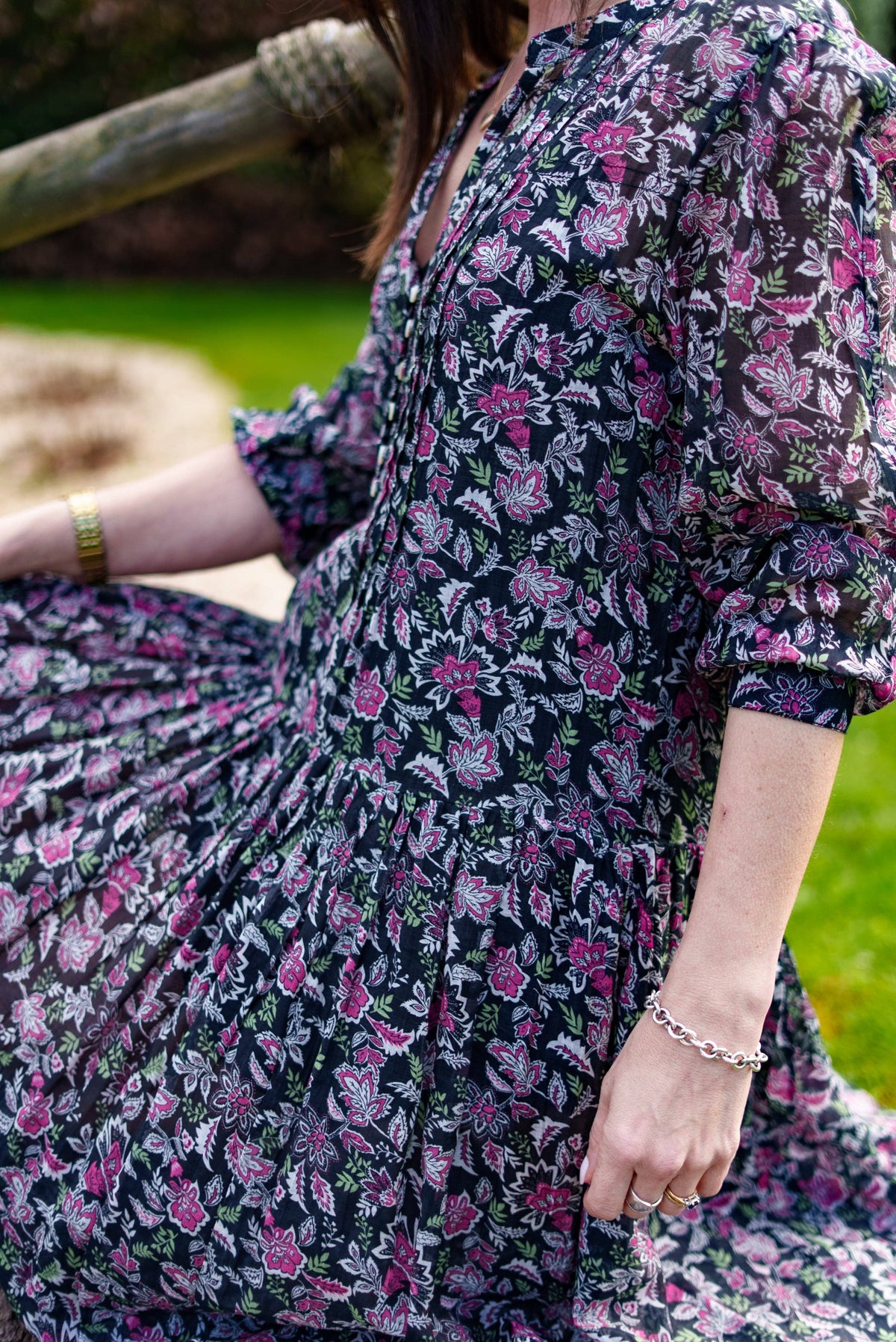 Floral Printed Cotton and Silk Maxi Dress | Black