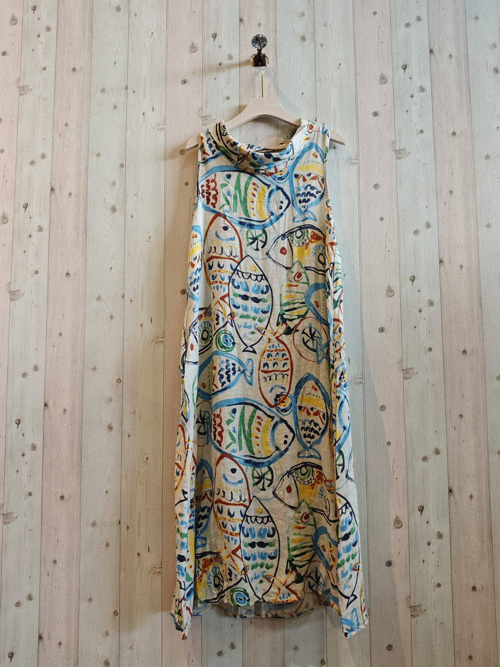 Fish Printed Linen Boat Neck Dress