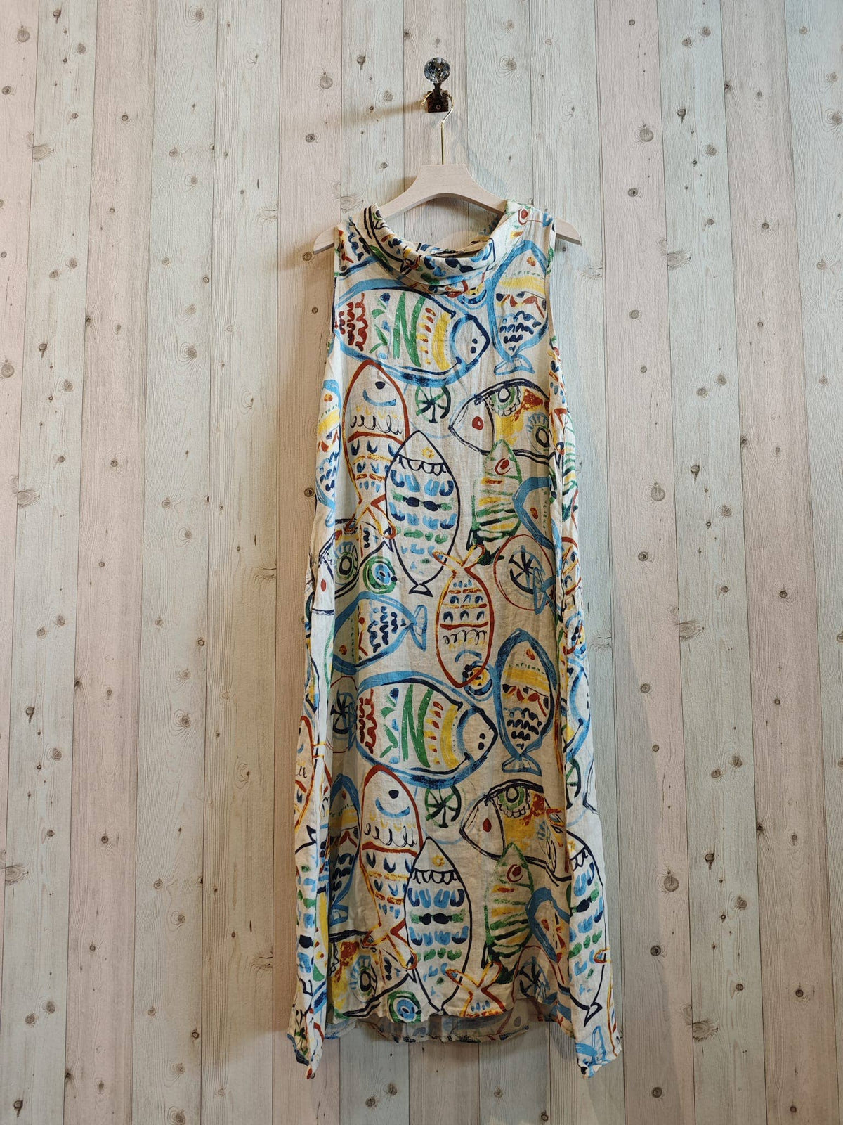 Fish Printed Linen Boat Neck Dress