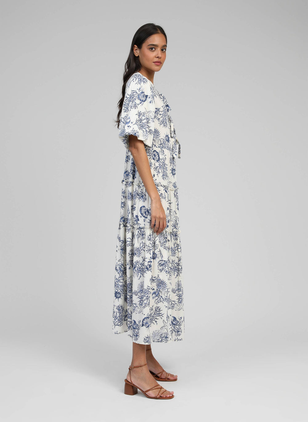 OZKAR Indigo Sea Shell Printed Dress in Navy & White with Bow Front Closure