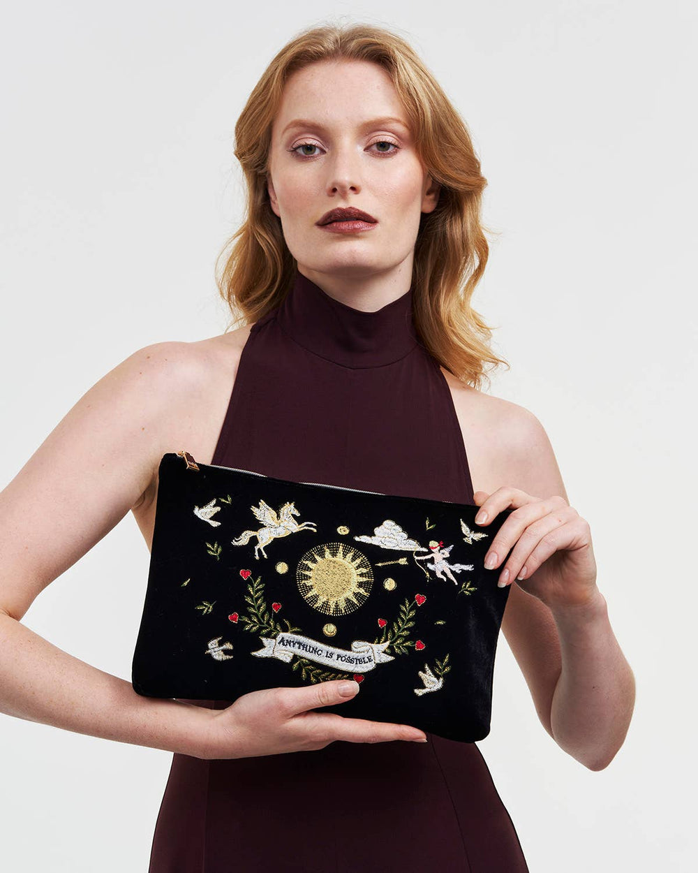 Black Celestial Velvet Embroidered Pouch