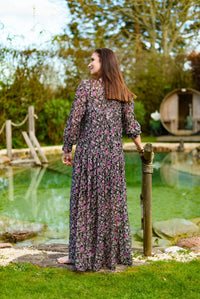 Floral Printed Cotton and Silk Maxi Dress | Black