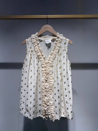 Ruffled Trim V Neck Top in Ecru and Gold