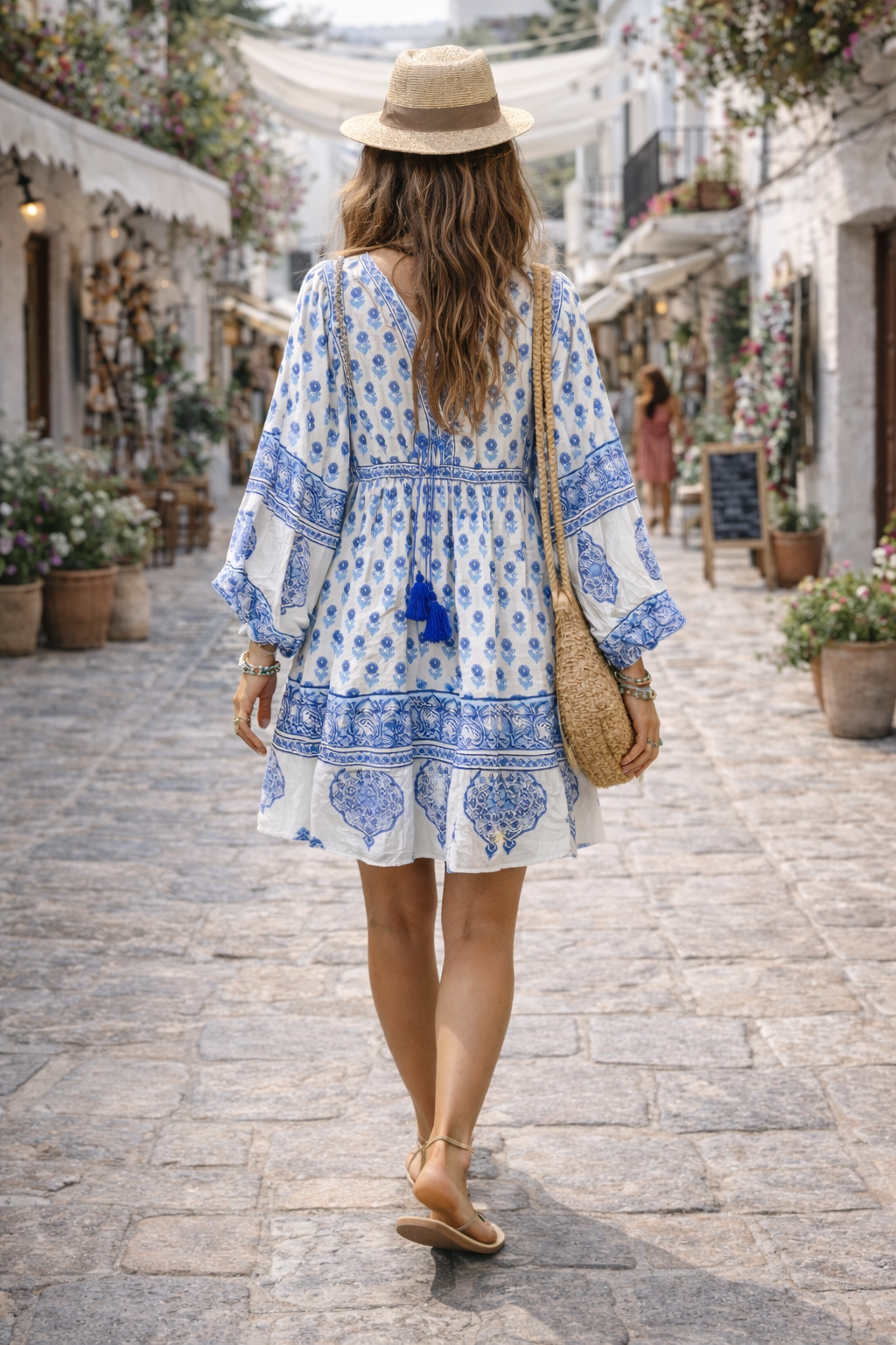 Folk Print Cotton Voile Mini Dress | Blue