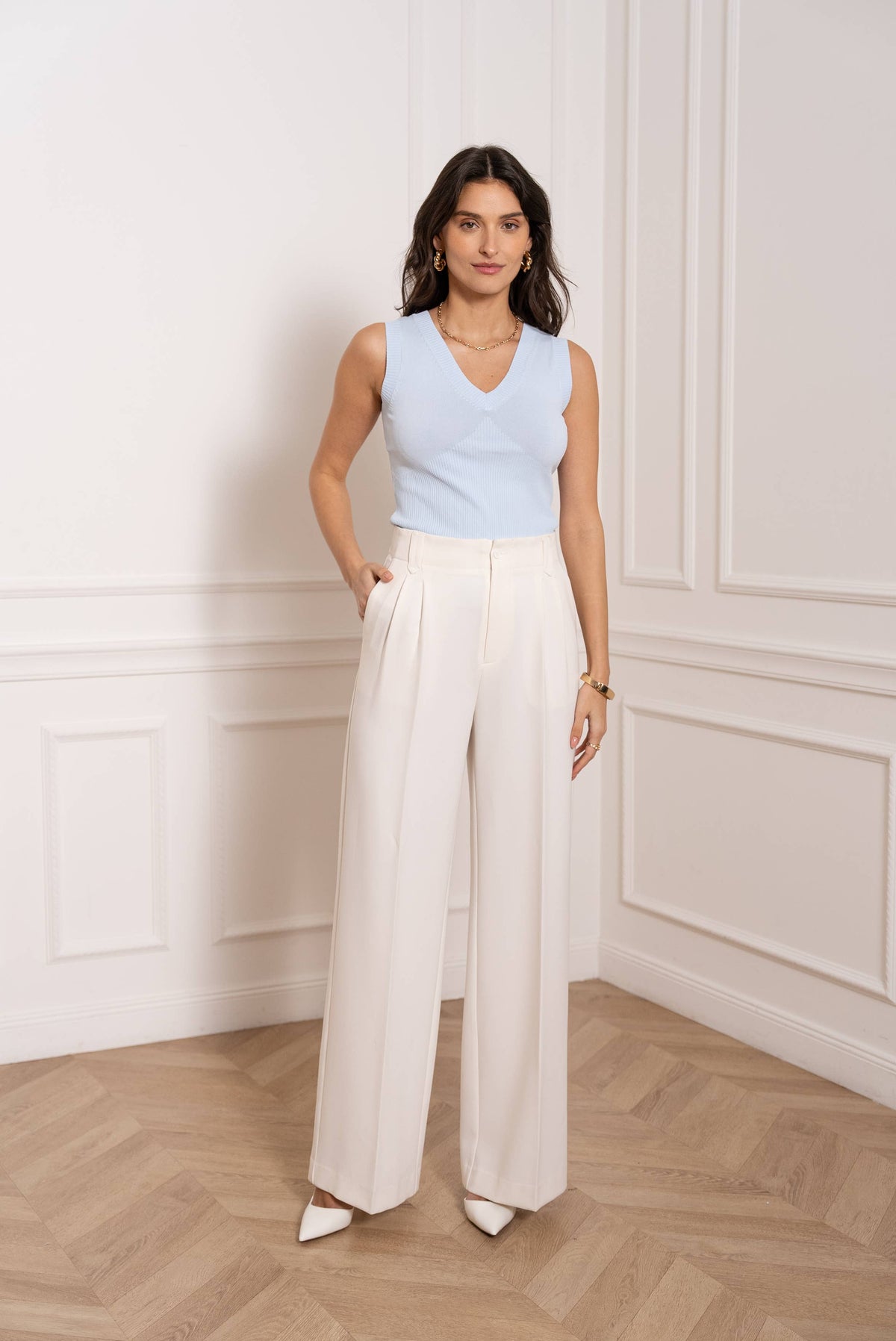 White Wide Leg Fluid High-Waisted Trousers with Belt Loops.