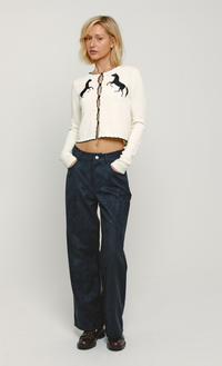 Cream Horse Embroidered Knit Cardigan