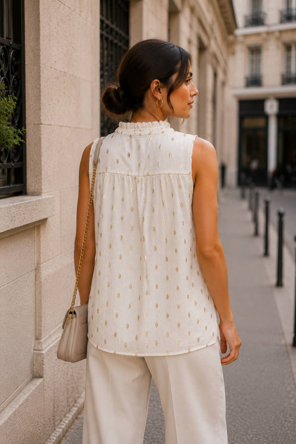Ruffled Trim V Neck Top in Ecru and Gold