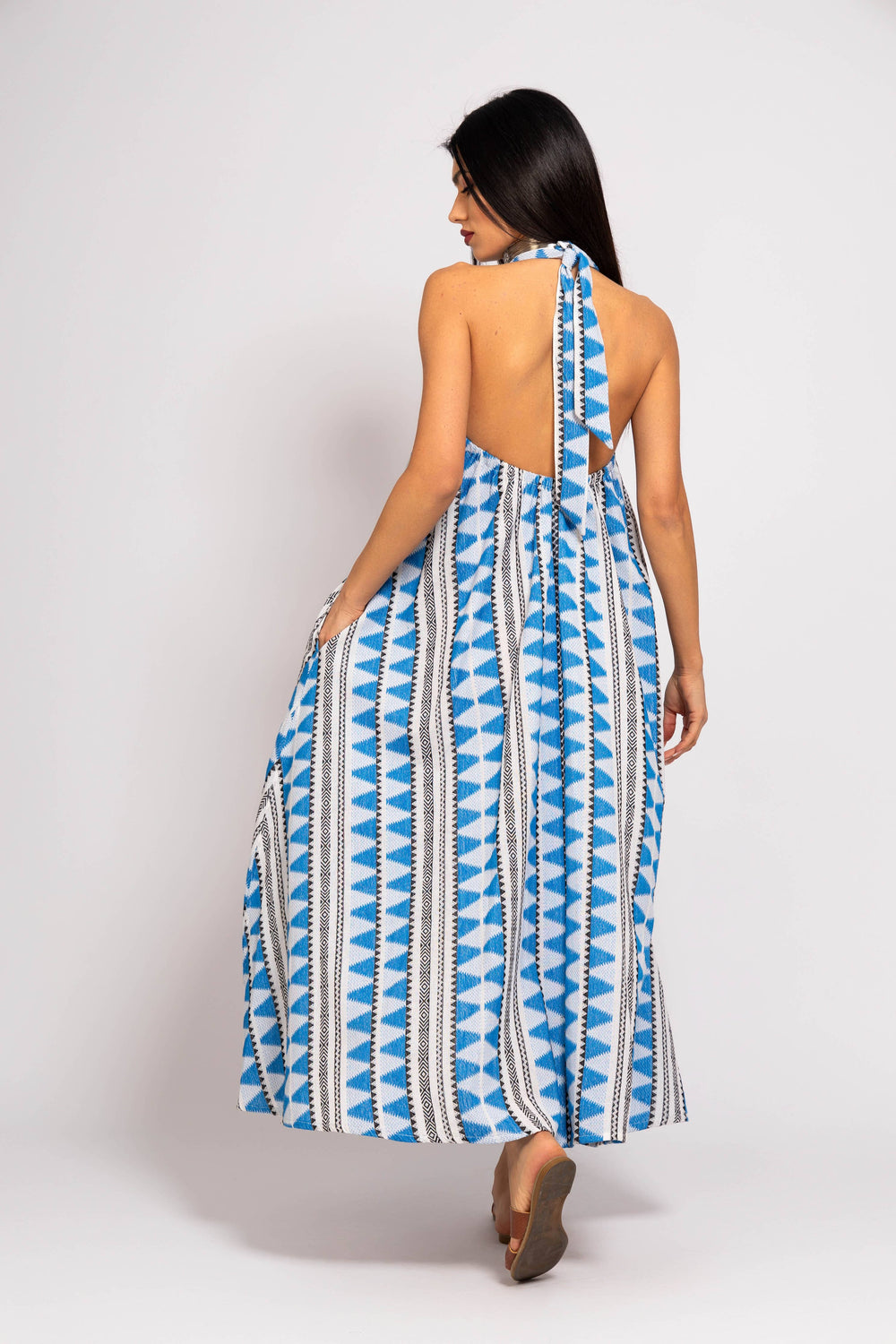 ZAKYNTHOS Blue & white Dress with Halterneck & Pockets